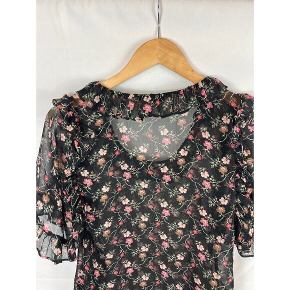 Topshop Black Floral Semi Sheer Blouse Size 4 - Picture 7 of 9